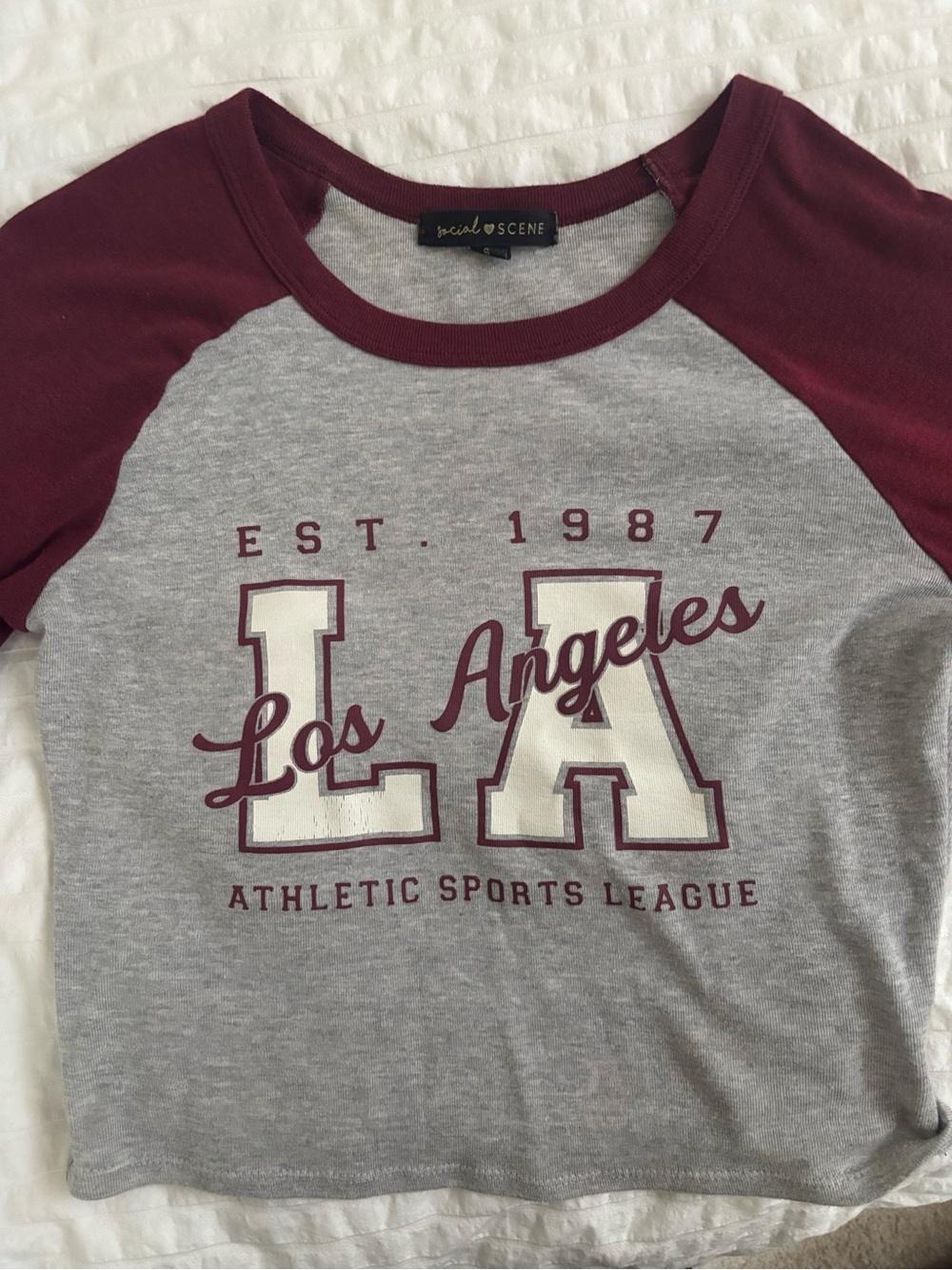 Social Scene Girls' Grey & Burgundy Los Angeles Raglan Long Sleeve Tee